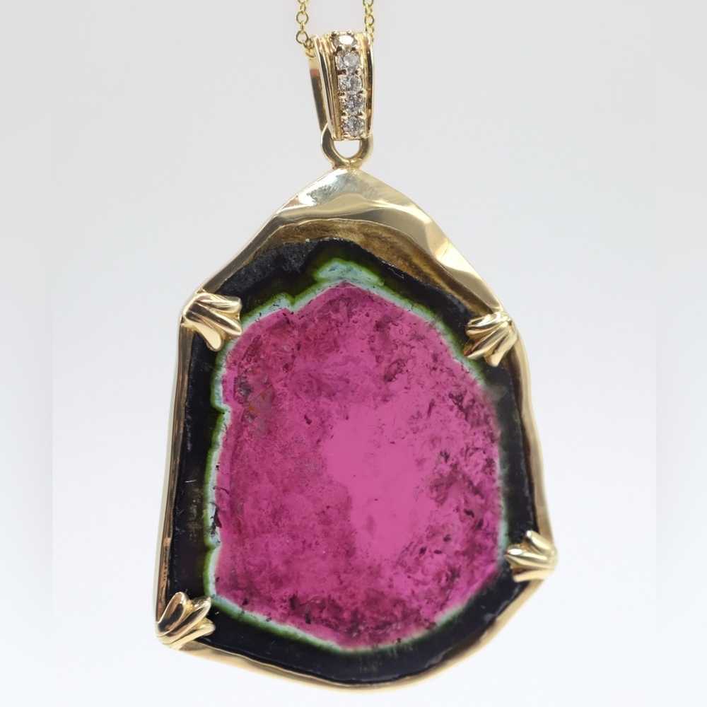 14k Yellow Gold Watermelon Tourmaline and Diamond Pendant - 19 Grams